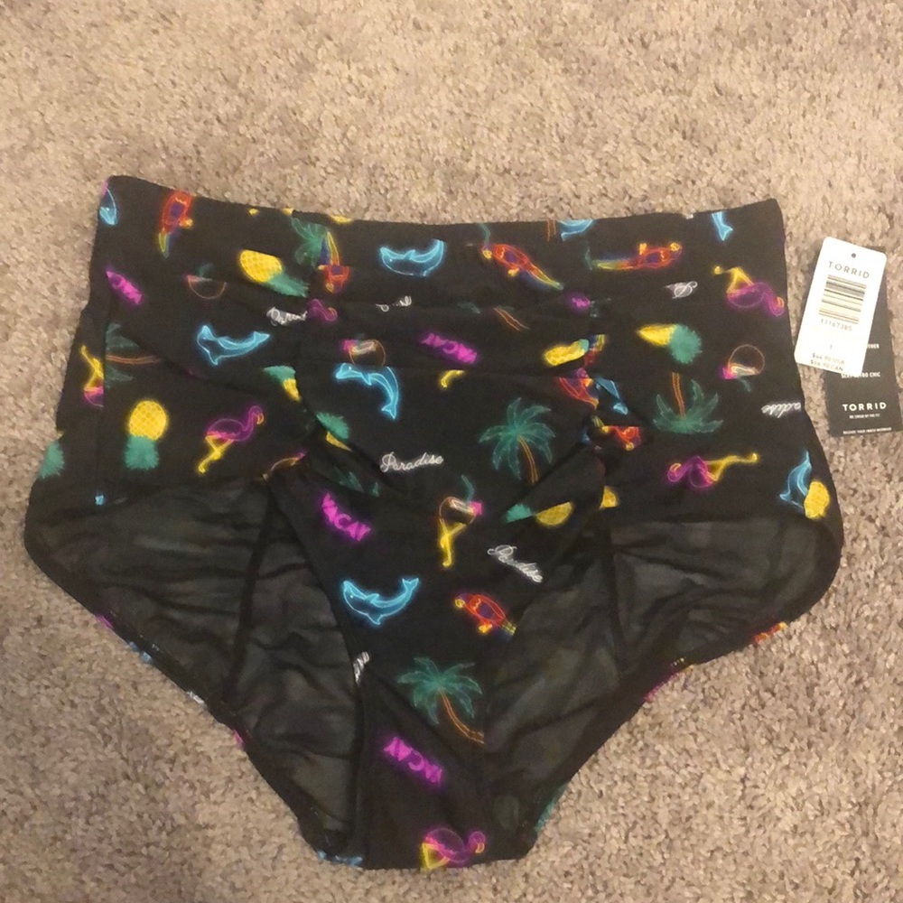 Black Bikini Bottom with multi-colored pictures.